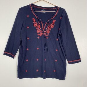 Talbots Shirt Womens Large Navy Blue Embroidered 3/4 Sleeve Tassel Boho Cotton